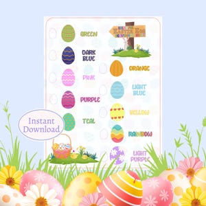 Búsqueda del tesoro de huevos de Pascua - Juego de búsqueda de Pascua imprimible - Juego de aprendizaje de colores para preescolares - Actividades de Pascua para niños - Combinación de colores de Pascua