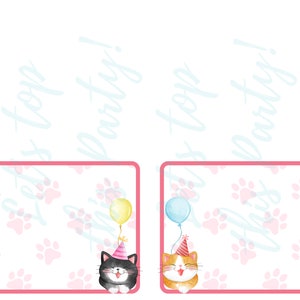 May include: Two printable party favor tags with pink paw prints and a pink border. Each tag features a cat wearing a party hat and holding a balloon. The text "Pet's Top Party!" is written in a light blue font on each tag.
