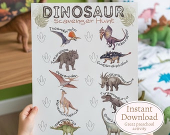 Dinosaur Scavenger Hunt Printable, Preschool Dinosaur Activity, Montessori Dinosaur Printable Toddler Learning Game Homeschool Printable PDF