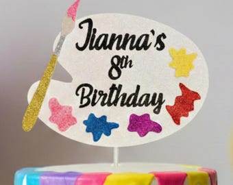 Personalized Art Party Cake Topper - Custom Name & Age Paint Palette Decor - Artist Birthday Theme - Painting Party -Paint Splatter Birthday