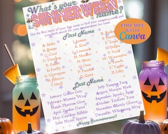 Summerween ネームゲーム：パーティー用印刷可能、編集可能なネームタグ（Canva テンプレート、PDF ダウンロード）