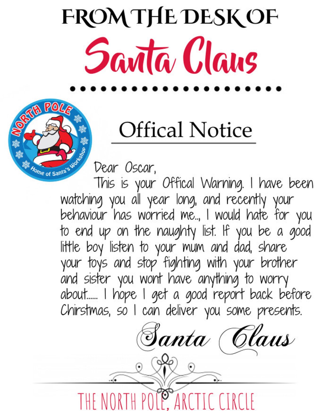 Official Warning Letter From Santa Etsy