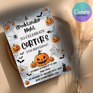 May include: A Halloween-themed invitation with the text "A Spooktacular Night to Celebrate Carter's 5th Birthday!" The design features orange jack-o'-lanterns, spiderwebs, bats, and a black cat. The invitation includes event details.