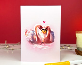 Carte "Cygnes amoureux" - Joyeuse Saint-Valentin - Illustration imprimée A6 - Print - Idée cadeaux - Carte postale - Papeterie - Ellora