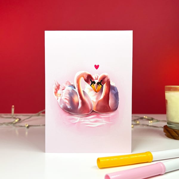 Carte "Cygnes amoureux" - Joyeuse Saint-Valentin - Illustration imprimée A6 - Print - Idée cadeaux - Carte postale - Papeterie - Ellora