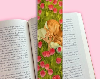 Lecture dans les tulipes - Cottagecore - Marque-page illustré - Printemps - Papeterie - Ellora Studio