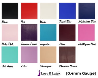 Puede incluir: Una carta de colores que muestra 15 colores diferentes de caucho de látex en calibre de 0,4 mm. Los colores son: negro, rojo, blanco, azul real, azul noche, rosa bebé, morado ciruela, turquesa, ciruela, rosa chicle, verde jade, lila, maniquí y marrón chocolate.