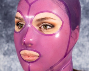Lilac Latex Hood, Semi Transparent, Female Cut, Cat Eyes, Unisex, Stretch Fit, High Quality