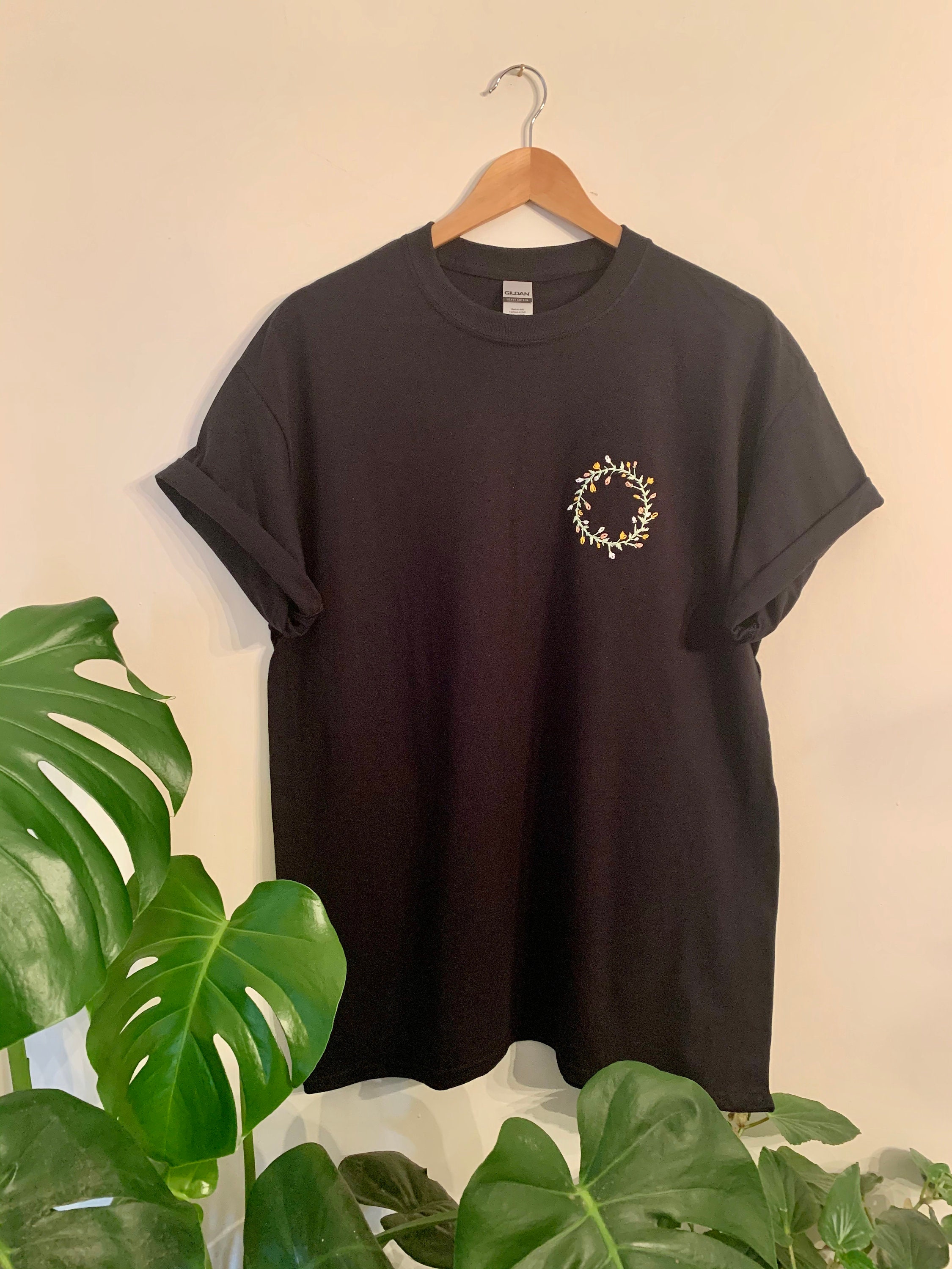 Embroidery collection "flower crown" on black t-shirt