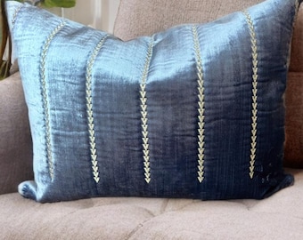Handmade Blue Velvet Throw Pillow: Gold Embroidered Arrow Design