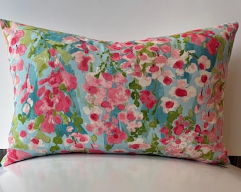 Floral Lumbar Throw Pillow – Pink & Blue Watercolor Flower Cushion for Sofa or Bedroom Decor – Spring Cottagecore Pillow Cover-Gift for her