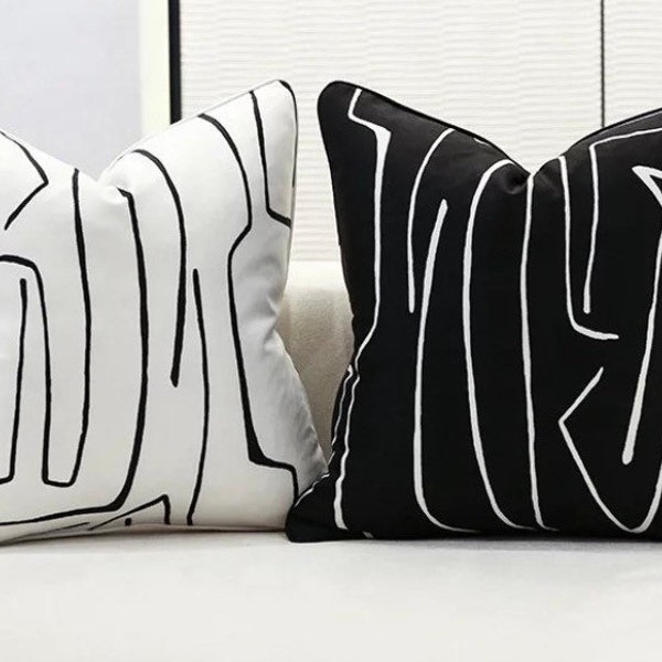 Large Abstract black and White Pillowcase with pipping. Geometric pillow, Black cushion Abstract pillowcase/ black and white throw pillow