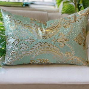 Aqua and Gold Damask Pillow Cover: Vintage Baroque Brocade