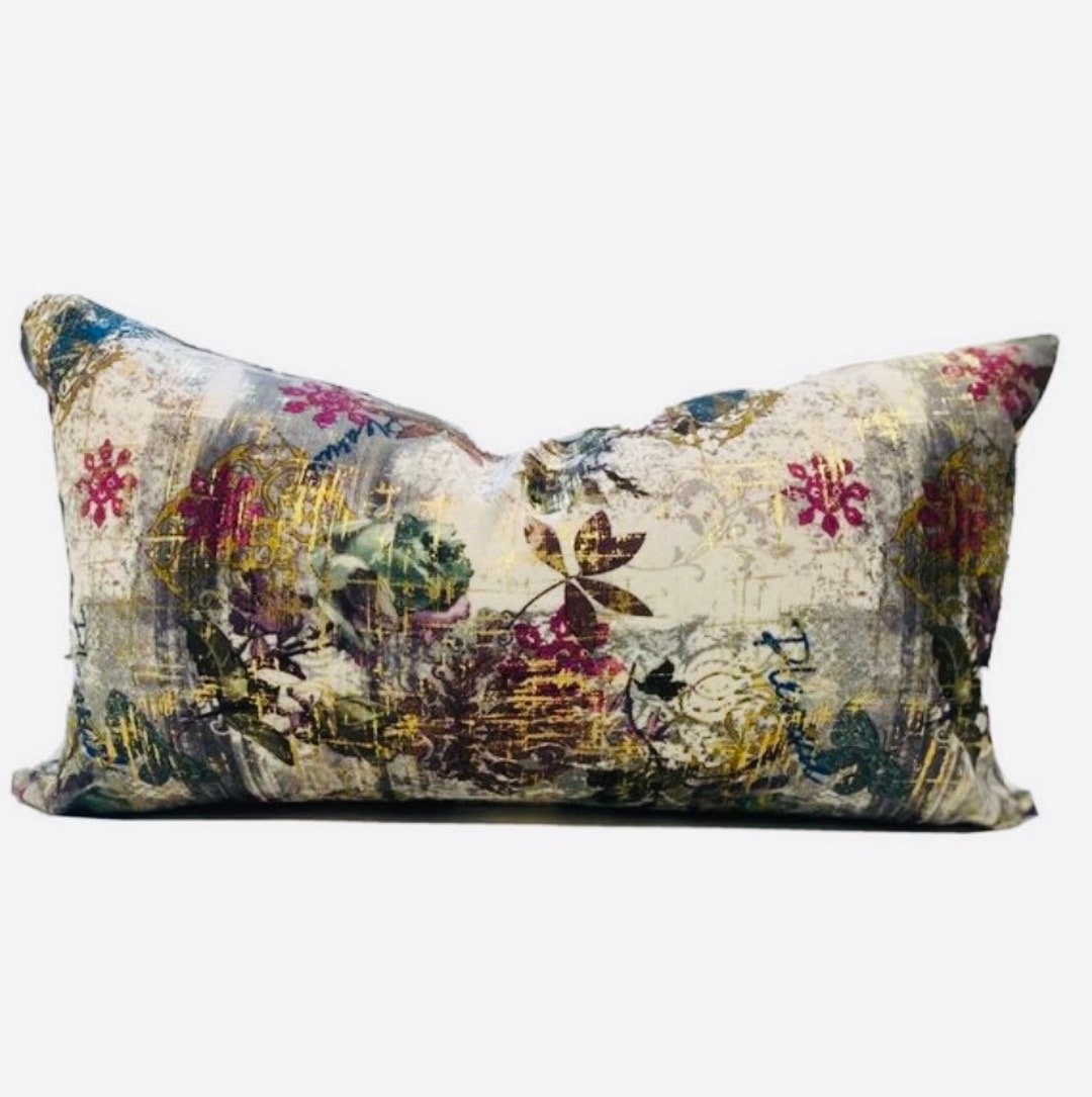 Luxury Gold Lumbar Pillowcase/ Gold Velvet Lumbar Pillow Size 14x26/ Elegant Velvet Flower