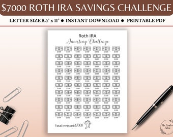 Tracker sfida Roth IRA 7000, sfida risparmio 7000, sfida risparmio pensionistico, sfida risparmio denaro stampabile, Roth IRA 2025