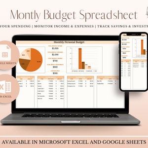 Monthly Budget Spreadsheet, Budget Template Google Sheets, Digital Planner, Budget Planner, Budget Template, Track Income Expenses Savings