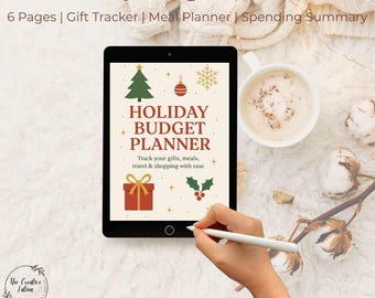 May include: A digital Holiday Budget Planner displayed on a tablet. The screen shows a festive design with a Christmas tree, ornament, and gift box. Text includes "Holiday Budget Planner" and "Track your gifts, meals, travel & shopping with ease."