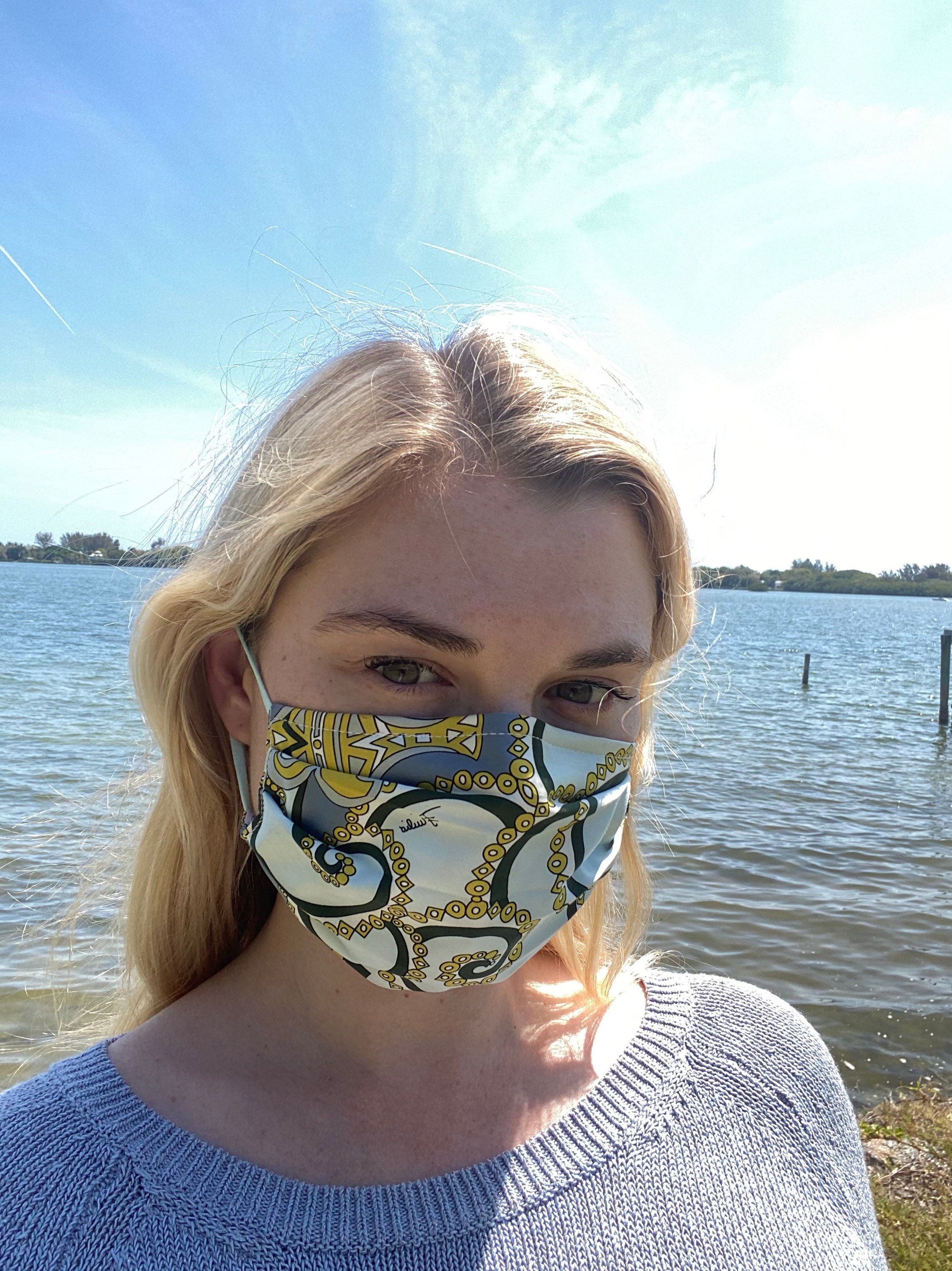 Authentic Emillio Pucci Blue Pleated Satin Designer Face Mask With ...