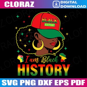 Könnte beinhalten: Digitaler Download-Grafik mit einer schwarzen Frau, die eine rot-grüne Kappe mit der Aufschrift "Black History" trägt. Das Bild enthält den Text "I am Black History" in Rot, Gelb und Grün sowie eine Karte von Afrika. Das Bild befindet sich auf schwarzem Hintergrund.