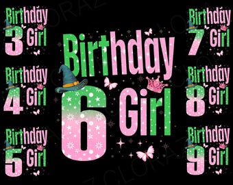 Bundle 3rd-8Th Birthday Witch Pink And Green 3rd-9th Year Old Birthday Girl Svg, Birthday Girl Svg,Pink And Green Magical Birthday Girl Svg