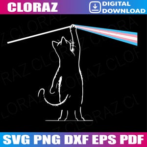 May include: A white silhouette of a cat reaching up to hold a beam of light in the colours of the transgender pride flag. The image is on a black background. The text "CLORAZ" and "DIGITAL DOWNLOAD" are at the top. The bottom text reads "SVG PNG DXF EPS PDF".