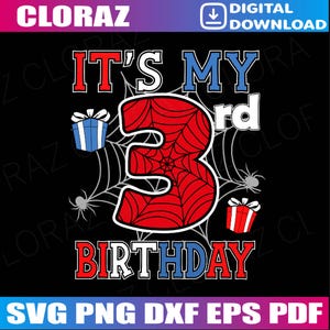 Kinderen It's My 3e verjaardag Spider themafeest 3 jaar oude Svg, It's My Birthday, Spider Svg, Spider feestvarken Svg, 3e verjaardag Svg