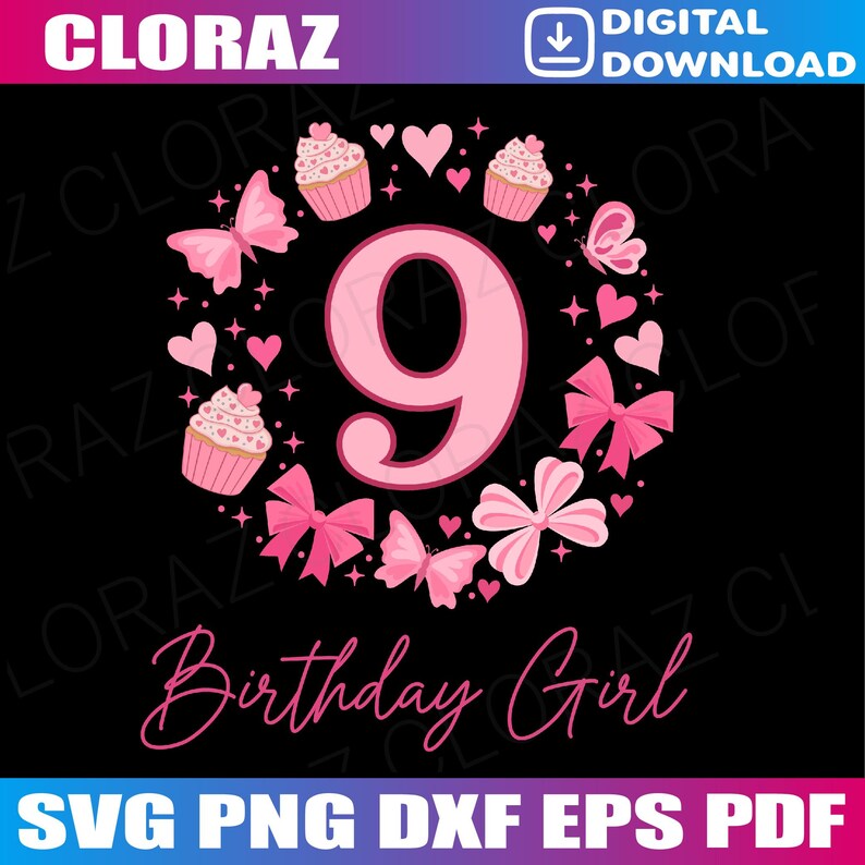 9th Birthday Girl Aesthetic Coquette Bow Svg, Coquette Bow 9th Birthday ...