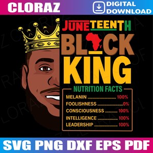 Op de afbeelding: Digitale download graphic met de tekst "Juneteenth Black King" in bruin en geel. Het ontwerp bevat een bekroonde illustratie van een zwarte man en een kaart van Afrika. De graphic bevat ook "Voedingsfeiten" met percentages.