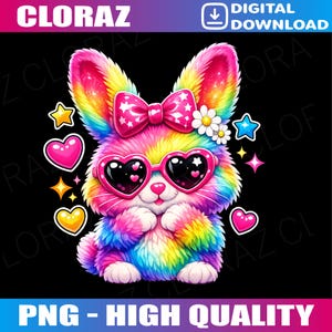 May include: A colorful cartoon bunny with rainbow fur, wearing heart-shaped sunglasses and a pink bow. The image includes stars, hearts, and flowers, with the text "CLORAZ" and "DIGITAL DOWNLOAD" at the top, and "PNG - HIGH QUALITY" at the bottom.