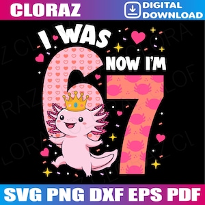 May include: A pink axolotl wearing a crown is featured in a graphic with the text "I WAS 6 NOW I'M 7". The number 6 is decorated with hearts, and the number 7 is decorated with pink crabs. Hearts and stars are scattered around the numbers.