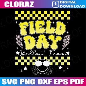 May include: Black graphic design with the words "FIELD DAY" in yellow bubble letters. The text "Yellow Team" is below the words. The design includes a smiley face with sunglasses and peace signs.