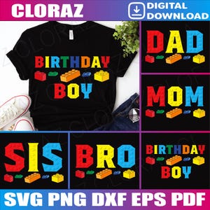 Puede incluir: Un conjunto de cinco archivos de corte digital con un tema de cumpleaños de un niño con bloques de Lego coloridos. Los diseños incluyen "Birthday Boy", "Papá", "Mamá", "Hermana" y "Hermano".
