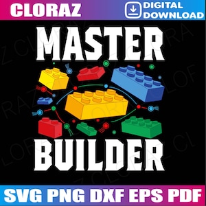 May include: A black and white design with the text "Master Builder" in white. The design features colorful toy building blocks in red, blue, green, and yellow.