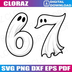 Puede incluir: Un gráfico de descarga digital con los números 6 y 7, cada uno diseñado como un fantasma de dibujos animados. Los números son blancos con contornos negros y detalles de ojos negros. La imagen incluye el texto "CLORAZ" y "DESCARGA DIGITAL".