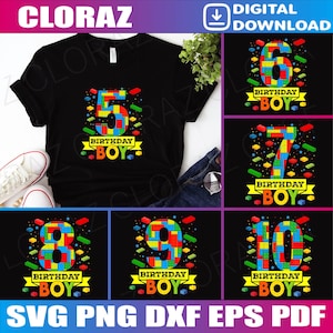 Könnte beinhalten: Ein Set mit sechs digitalen Schnittdateien mit bunten Geburtstagszahlen aus Lego-Steinen. Jede Zahl ist von Konfetti und einem Banner mit der Aufschrift "Birthday Boy" umgeben.