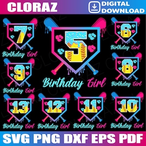 Bundle 5th-13th Birthday Softball Ice Cream Drip 5-13 Year Old Bday Girl Svg, 5-13 Year Old Ice Cream Drip Birthday Svg, Birthday Svg