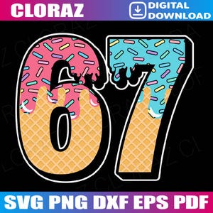 May include: A digital design featuring the number "07" with a dessert theme. The "0" is pink with sprinkles and a waffle cone base, while the "7" is blue with sprinkles and a waffle cone base. The design includes the text "CLORAZ" and "DIGITAL DOWNLOAD".