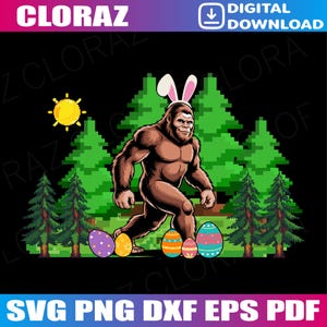 May include: A brown Bigfoot wearing bunny ears, walking past colorful Easter eggs. The background features pixelated green trees and a yellow sun. The image includes the text "CLORAZ" and "DIGITAL DOWNLOAD".