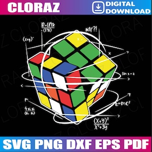 以下が含まれることがあります： 白、赤、黄、青、緑、オレンジの正方形で構成されたカラフルなルービックキューブ。キューブは、白い線と「R=UIK (FN)」、「wtf?!」、「(x+y)」、「lim x=a」、「E=mc²」、「(X+Y)²/X²+3y」などの数式で囲まれています。