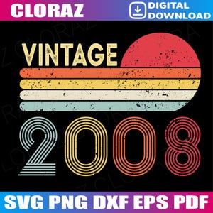 May include: A retro-style graphic with the word "VINTAGE" in a cream color above a design of horizontal stripes in orange, yellow, and blue. Below the stripes is the year "2008" in a matching retro font. The background is black.