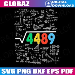Può includere: Grafica digitale nera scaricabile con la parola "CLORAZ" in alto. L'immagine presenta equazioni matematiche e la radice quadrata di 4489 in lettere colorate. La parte inferiore dell'immagine dice "SVG PNG DXF EPS PDF".