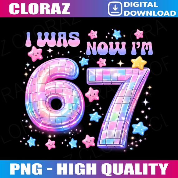 7 Year Old Birthday Girl Funny I was 6 Now I'm 7 67 Meme Png, I Was 6 Now I'm Seven Png, Funny Birthday Girl Png, Disco Ball Birthday Girl