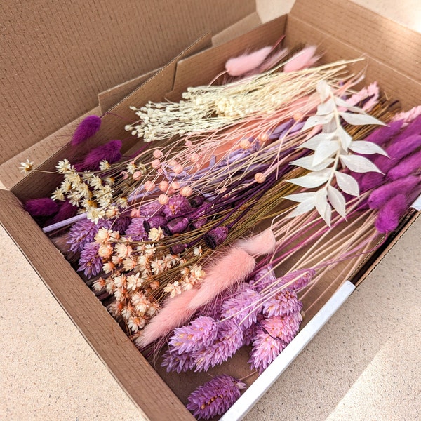 Dried flowers DIY mix flower box pink purple berry white for creative projects - DekoPanda