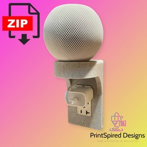 May include: A light gray wall-mounted speaker holder with a white speaker. The holder is designed to accommodate a power adapter. The image includes a red rectangle with the word "ZIP" and a downward arrow. The text "PrintSpired Designs" is also visible.