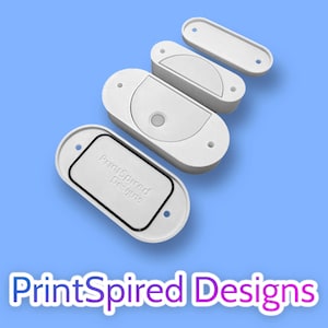 May include: White, rectangular cabinet pulls with a rounded top and a black border. The pulls are arranged diagonally on a blue background. The text "PrintSpired Designs" is visible in the image.