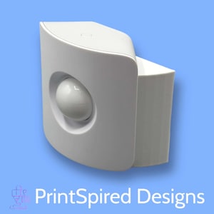 May include: A white, modern-style wall-mounted light fixture with a rounded design. The fixture has a spherical element and a cylindrical component. The text "PrintSpired Designs" is at the bottom.