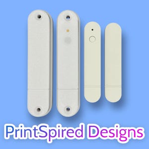 May include: Four white, rectangular electronic devices with rounded ends are shown against a blue background. Two are larger, textured, and have holes at the top and bottom. The other two are smaller and smooth, one with a button.