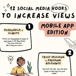 May include: A digital illustration of a mobile phone with a hand holding it. The text "12 SOCIAL MEDIA HOOKS TO INCREASE VIEWS" is at the top of the image. The text "MOBILE APP EDITION" is in a pink box. The text "OVERWHELM + CLARITY" is in a black box. The text "TRUST-BUILDING + PERSONAL RELEVANCE" is in a black box. The text "There are thousands of (type of app) apps in the App Store. You only need one. We'll help you find it." is in a black box. The text "No fluff. No ads. Just the best (type of app) app for your needs." is in a black box.