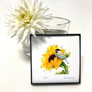 SUNFLOWER Painting Sunflower Print Sunflower Chickadee Watercolor Sunflower Lover Gift Chickadee Lover Housewarming Gift Bird Lover Gift