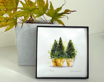 Christmas Tree Watercolor Painting Print, Holiday Decor, Framed
